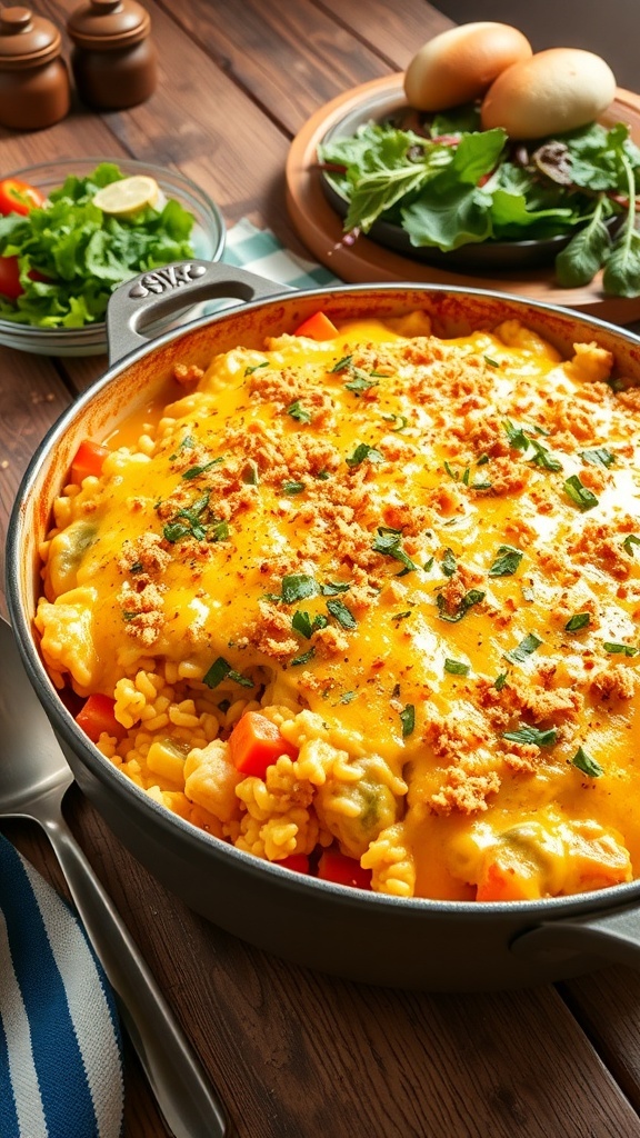 A golden chicken and rice casserole with melted cheese and vegetables in a baking dish, served on a rustic table.
